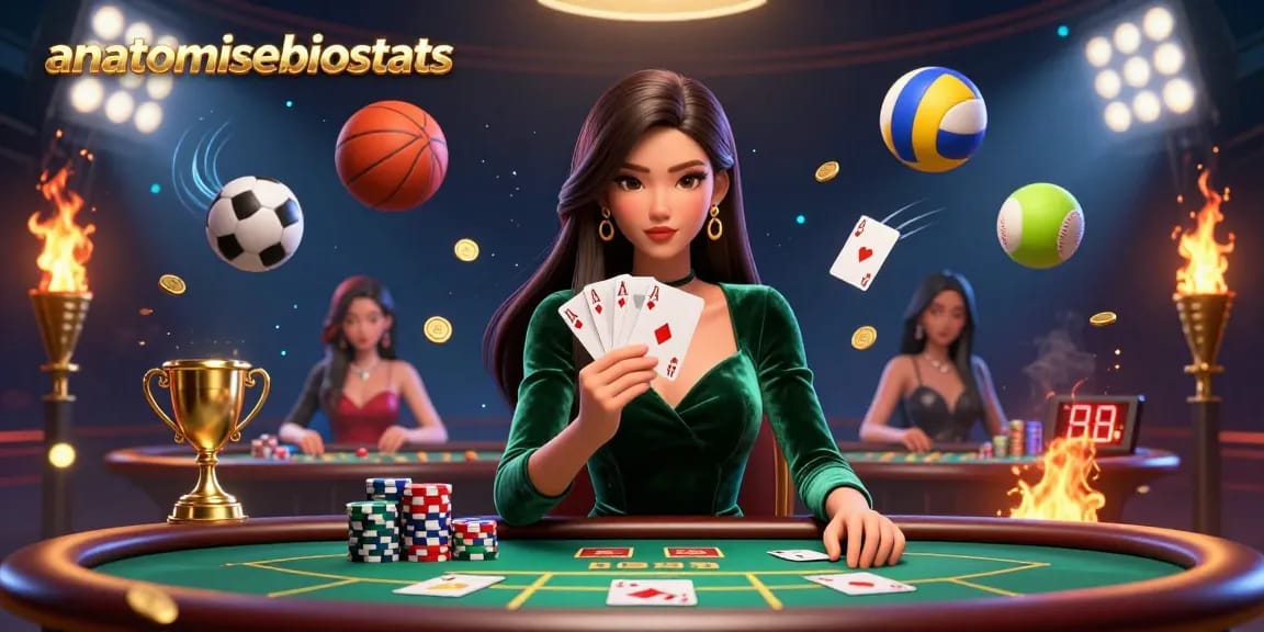 Anatomisebiostats showcases a captivating casino scene featuring a focused female poker player amidst dynamic betting elements.
