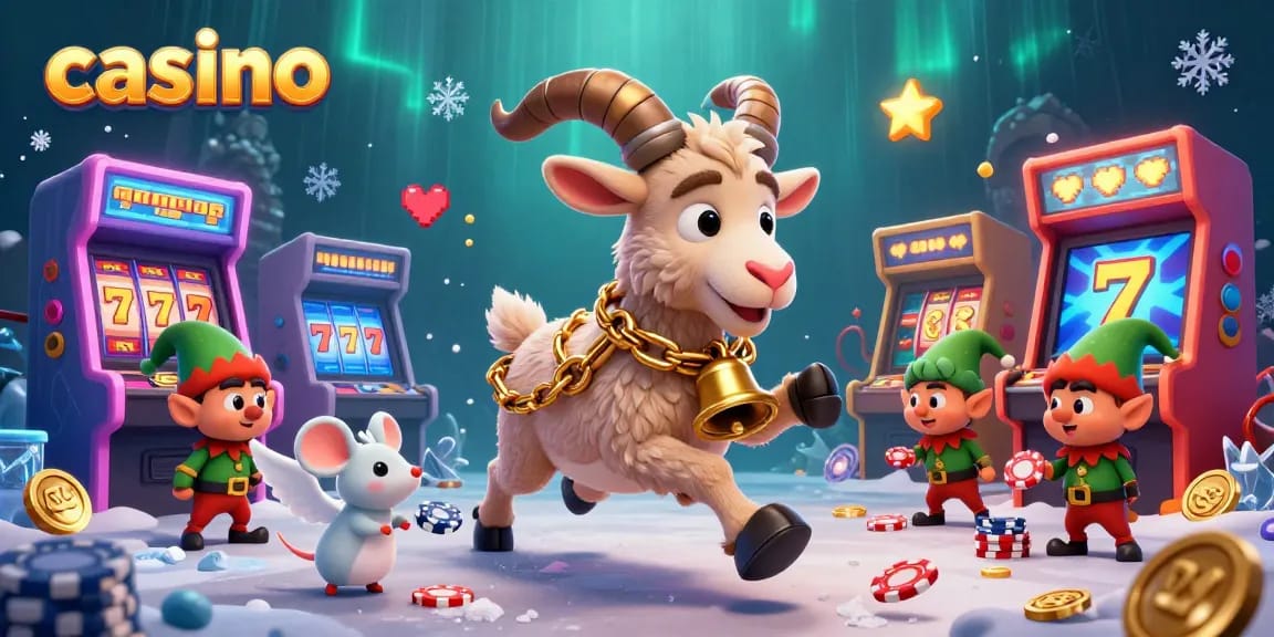 Experience casino excitement with a festive Krampus goat overseeing playful elf gremlins in a vibrant gaming scene.