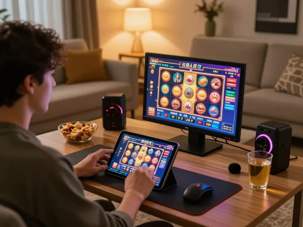 Engaging in online slots on cm88 com tablet in a cozy gaming setup at home
