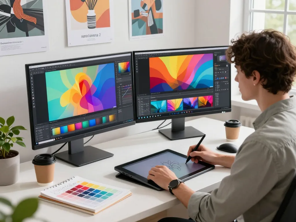 Designer using nano banana 2 for creative digital image editing in a modern workspace