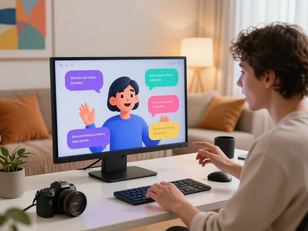 Engaging nsfw chat interaction on a sleek device with vibrant chat bubbles in a modern workspace.