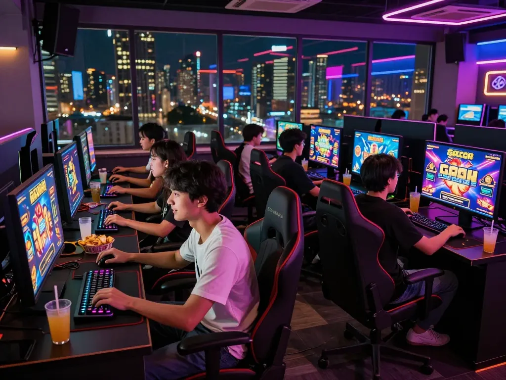 Suasana ruang permainan yang menarik dengan teman-teman yang terlibat dalam permainan slot gacor hari ini, estetika modern, dan atmosfer yang semarak.