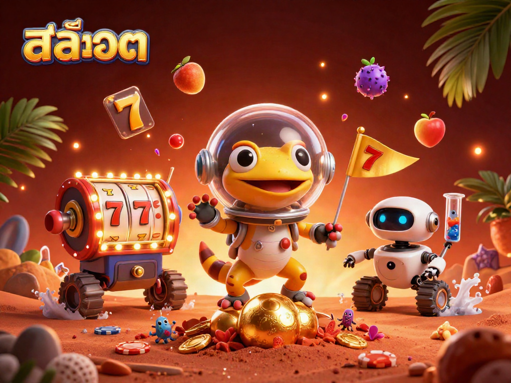Experience the excitement of สล็อต with vibrant slot reels, a Martian gecko, and casino treasures