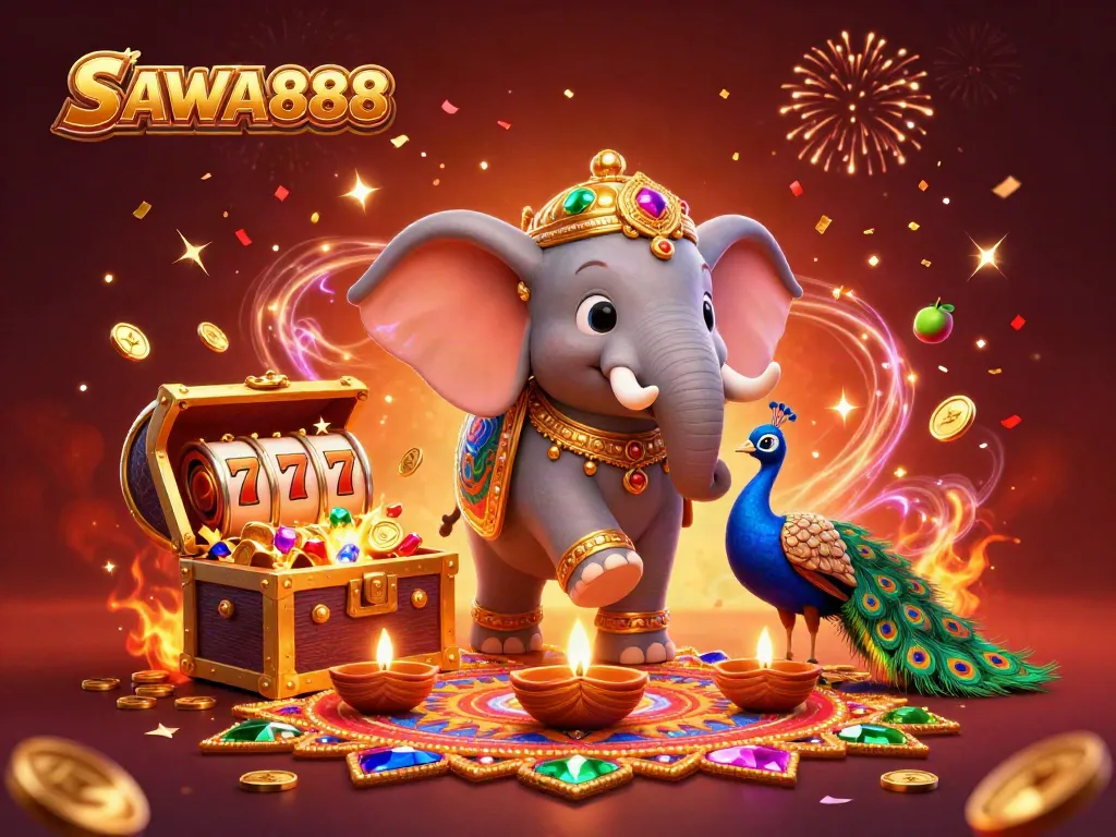 SAWA888 showcases a vibrant 3D casino scene featuring a joyous elephant and peacock with slot machine elements.