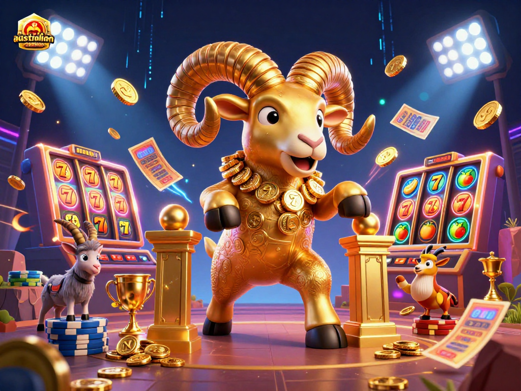 Experience the excitement at the australian online casino with a vibrant 3D scene of a charging golden ram and slot elements.