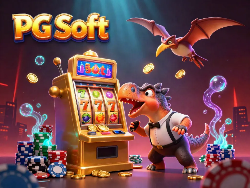 Permainan jackpot PG Soft dengan dinosaur unik, mesin slot berkilau, dan koin emas terbang.