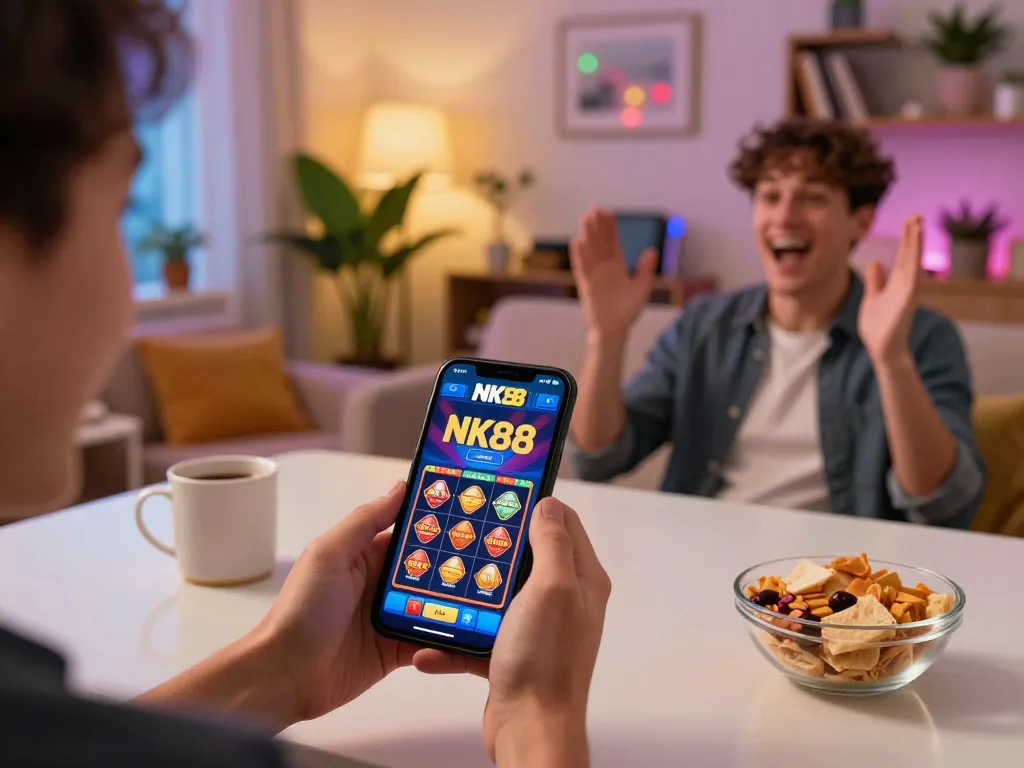 Engaging in online gaming with the NK88 app on a smartphone during a cozy home session.