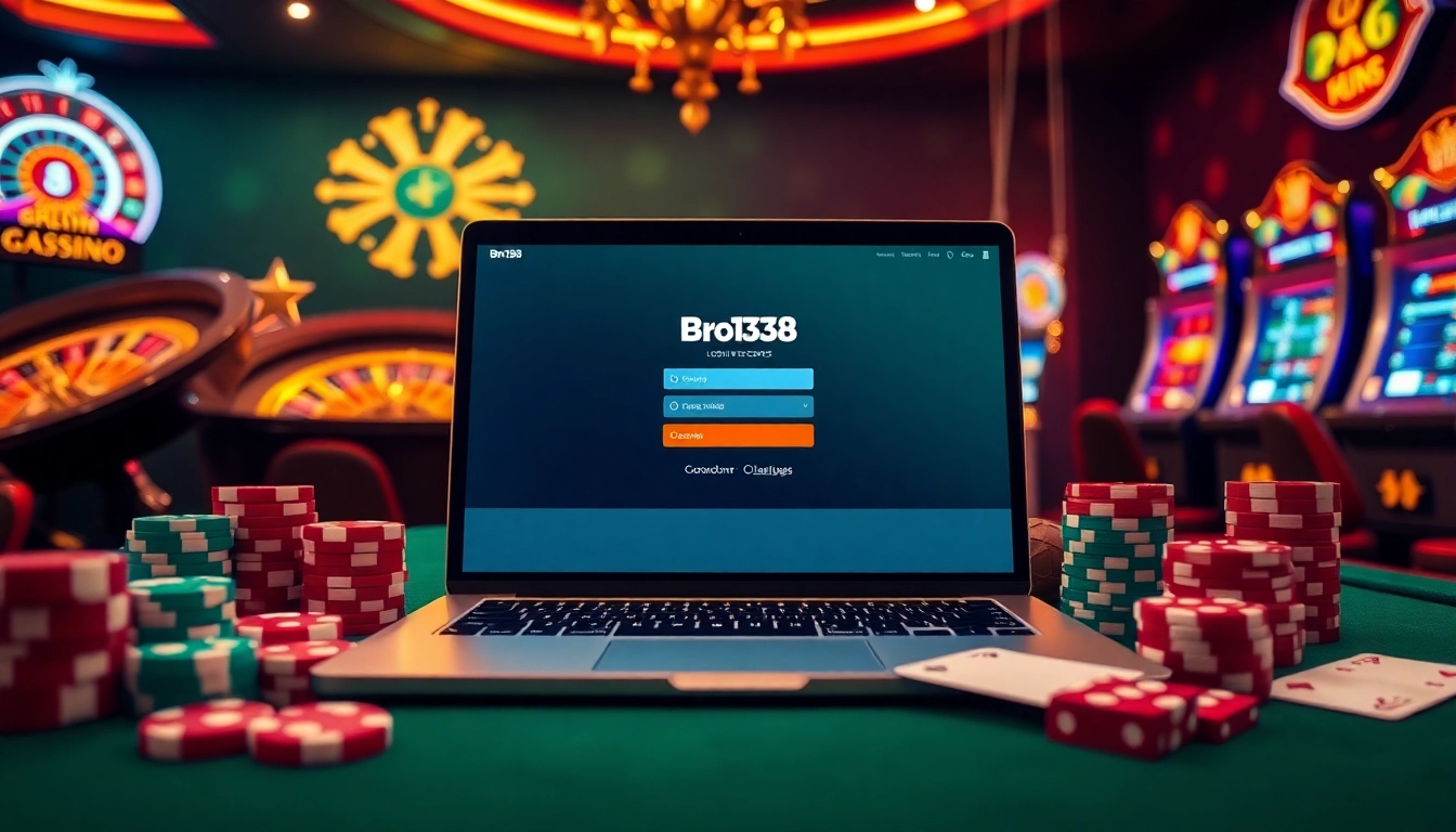 Experience the thrill of gambling with Bro138 login on a luxurious online casino interface.