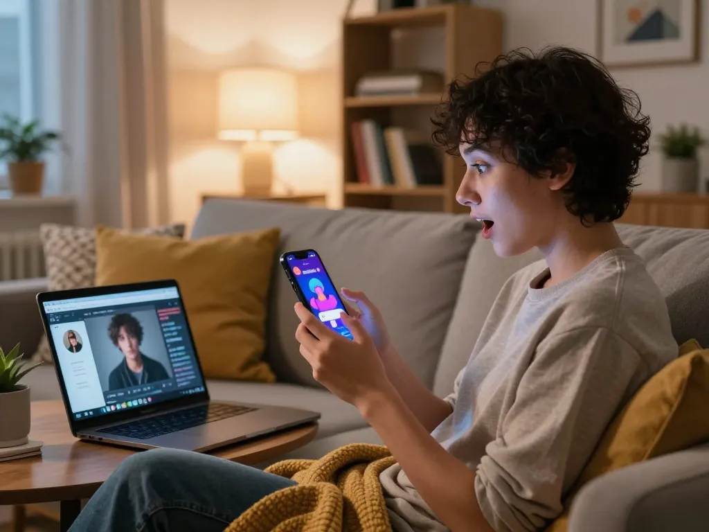 Engaging NSFW AI interaction in a cozy setting, showcasing vibrant character chat on smartphone.