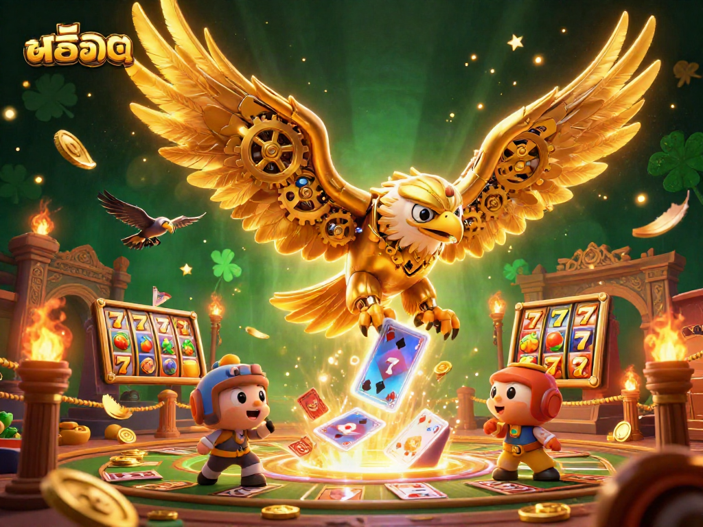 Immerse in สล็อต gaming with a dynamic scene of a golden eagle soaring through playing cards amidst slot reels.