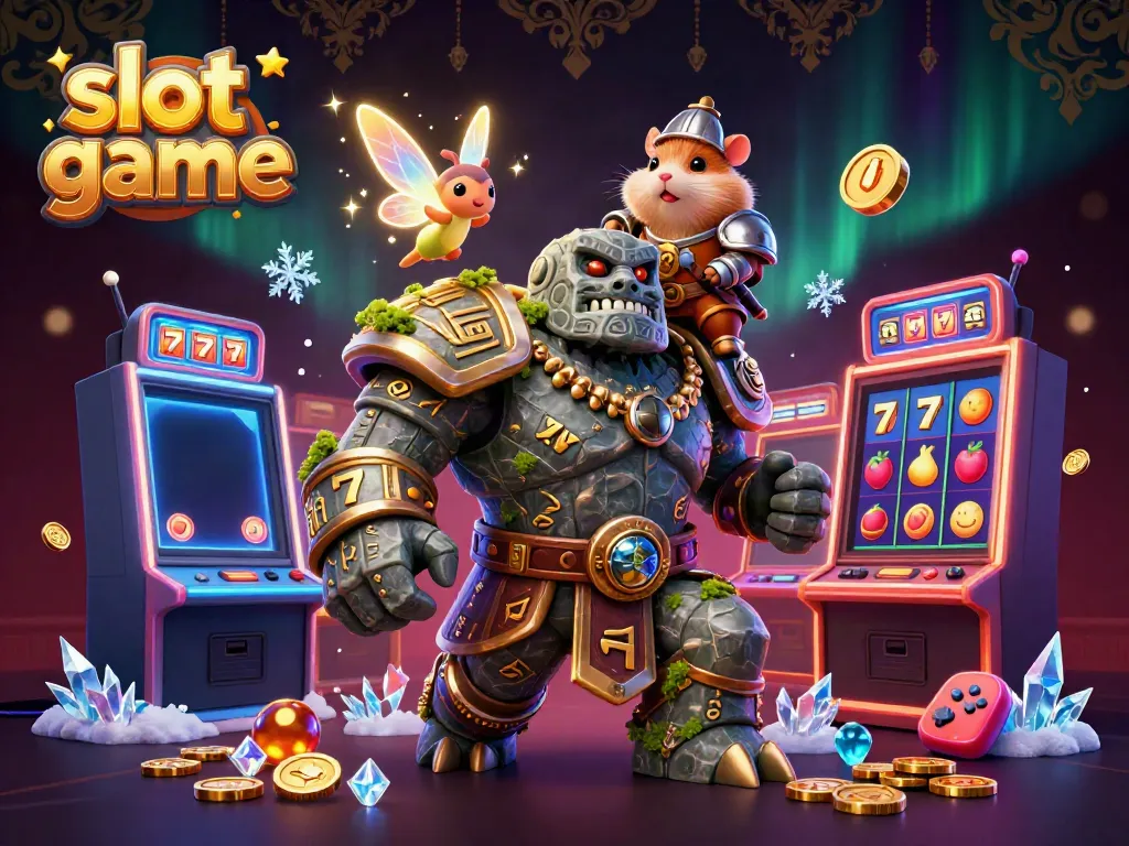 Engage in an exciting slot game adventure featuring a golem, fairy, and hamster knight with glowing slot machines.
