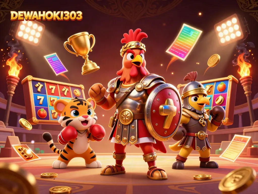 DEWAHOKI303 menghadirkan gladiator jantan, anak harimau, dan panji elang di arena kasino, simbol keberuntungan terpampang.