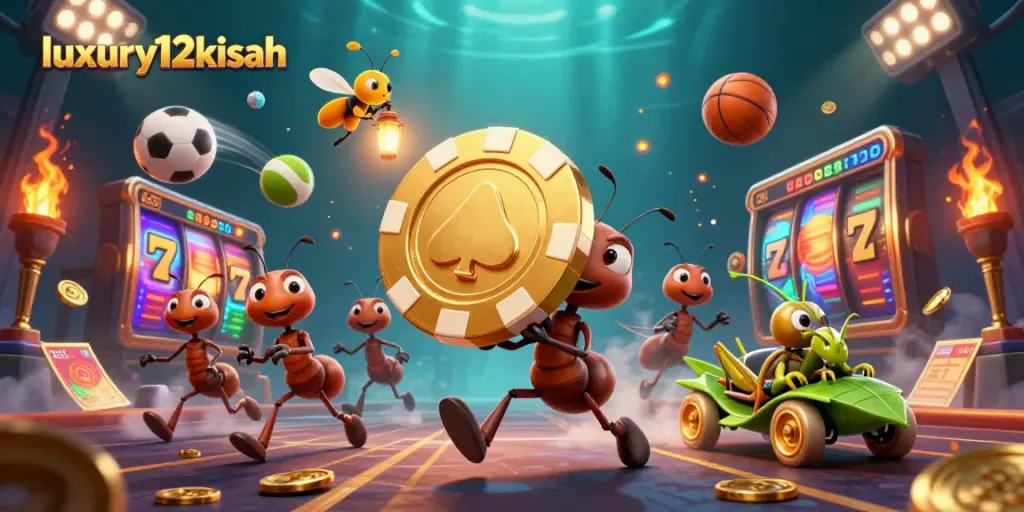 Jaringan pencurian koloni semut di luxury12kisah, chip poker emas dan elemen slot yang ditampilkan.