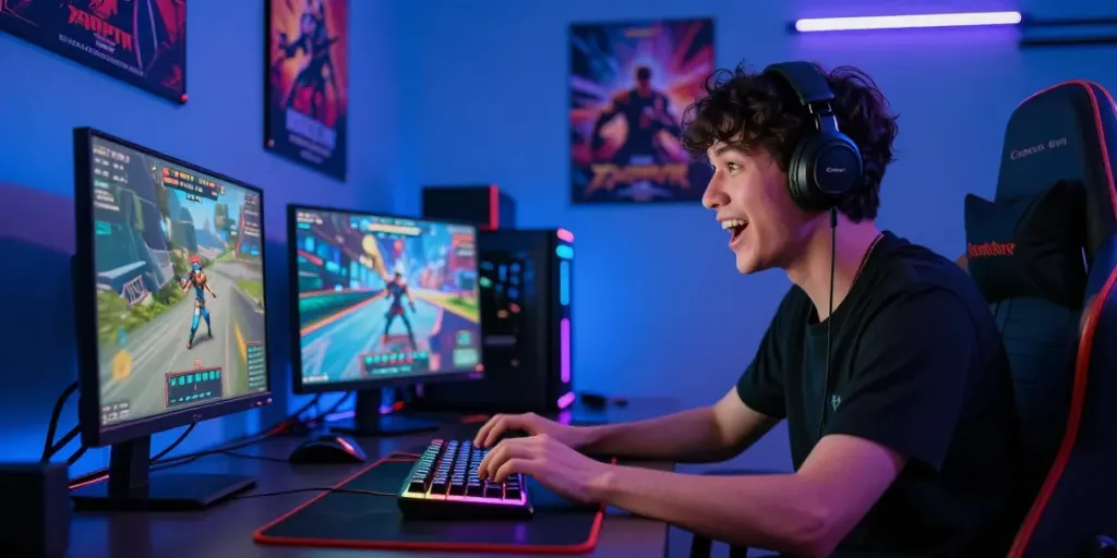 Engaged user in dynamic gaming setup, showcasing rokok88 link alternatif features with high-tech peripherals.