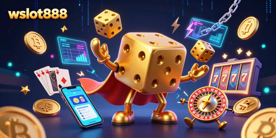 Gulung dadu emas besar wslot888, diiringi simbol slot dan koin kripto, menggambarkan permainan kasino yang menyenangkan.