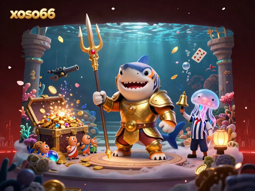 Experience thrilling gameplay at xoso66 with a vibrant underwater colosseum filled with treasures and a ferocious shark!
