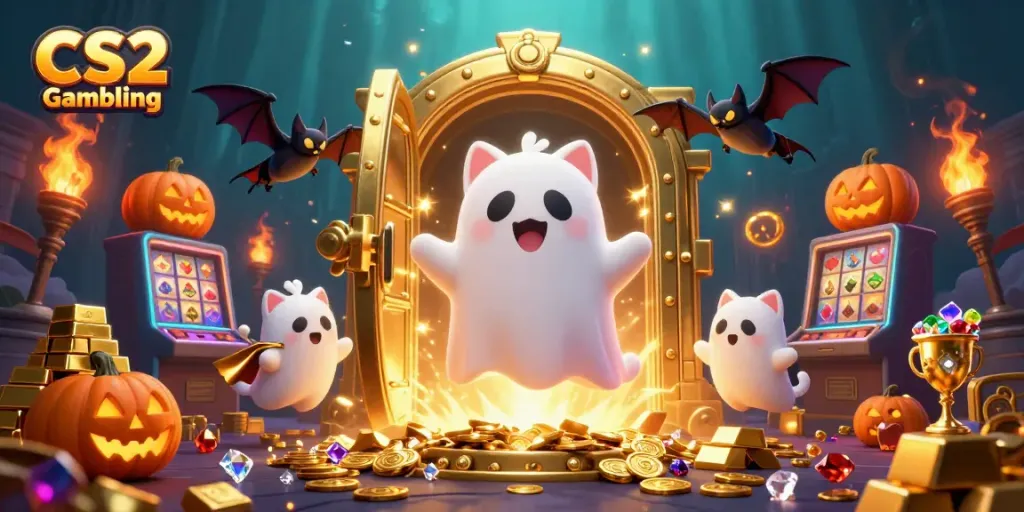 Experience CS2 Gambling with a friendly ghost cat and bat in a haunted casino scene.