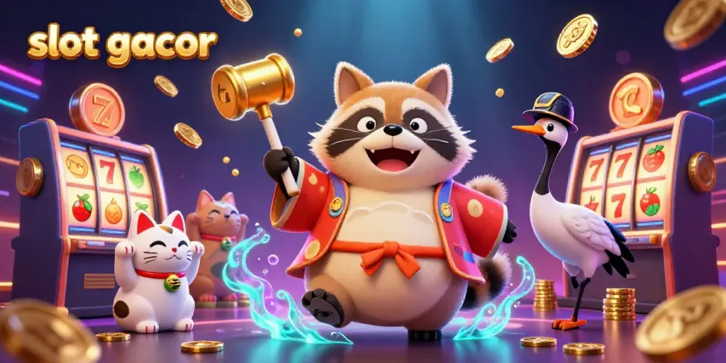 Experience slot gacor excitement with a cheerful tanuki, jackpot symbols, and vibrant casino elements in this lively illustration.