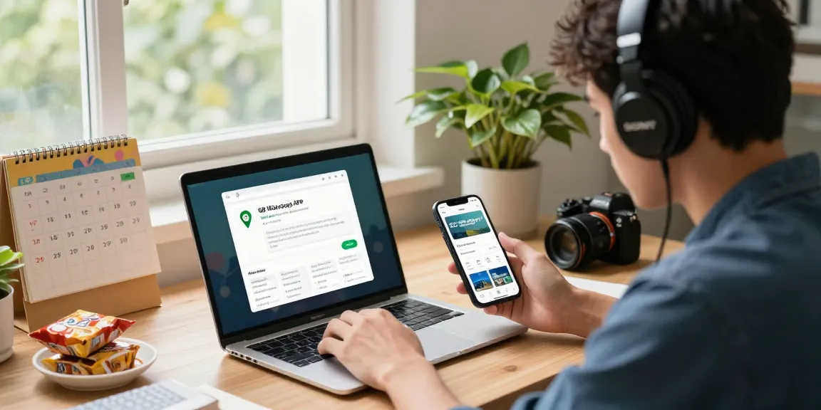 Engaged user downloading GB WhatsApp APK on a laptop, showcasing vibrant workspace with tech essentials.