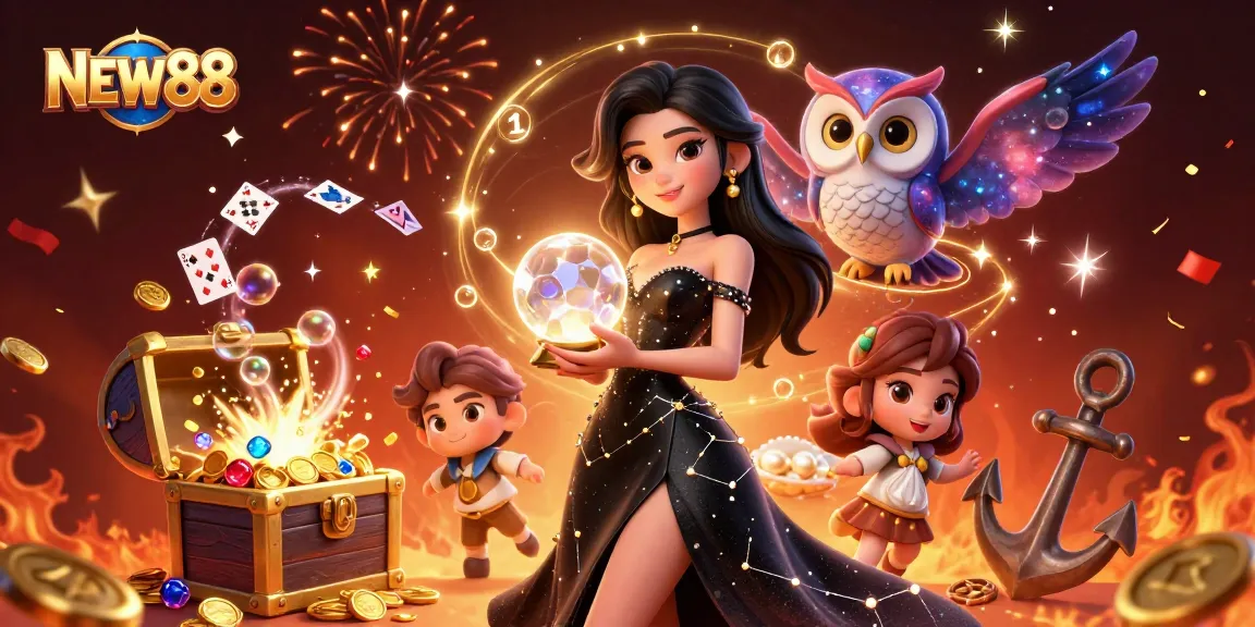 Experience the magic of gambling with NEW88, featuring a stunning woman and mystical elements surrounding a fortune.