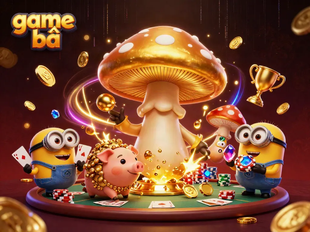 Exciting game bài scene showcasing a golden wizard, treasures, and casino elements.