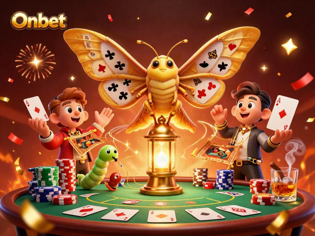Engage in thrilling gameplay on Onbet with a vibrant 3D casino scene, showcasing poker chips and a unique atlas moth.
