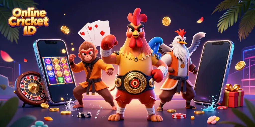 Engage in thrilling betting with an Online Cricket ID showcasing intense cartoon characters amidst vibrant gaming elements.