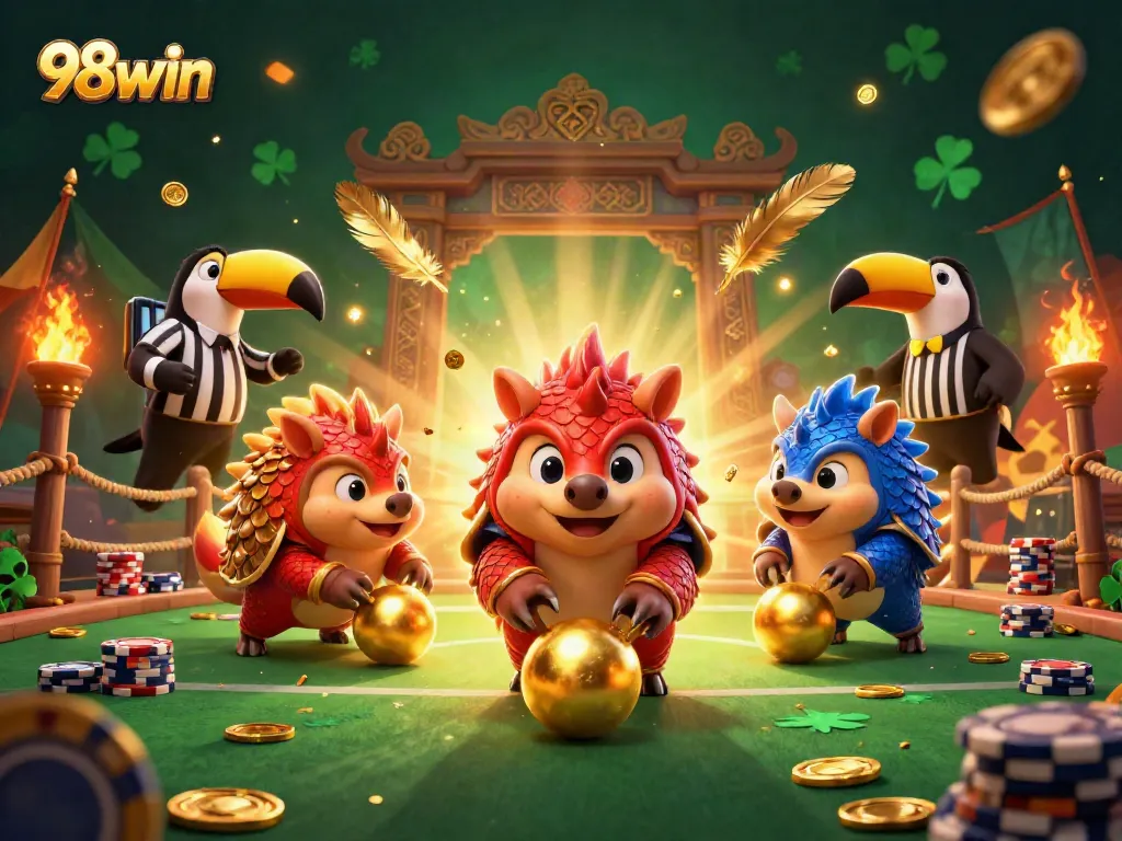 Engage in thrilling action at 98win with pangolins bowling through poker chips in an exciting casino scene.