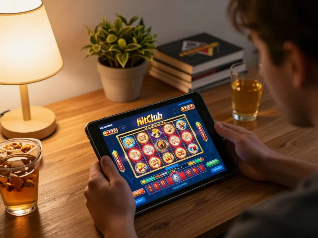 A player using the hitclub casino app on a tablet, enjoying online slots in a cozy home.