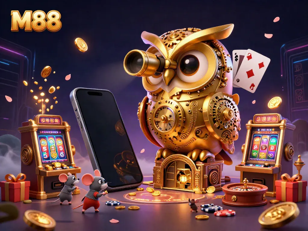 M88 casino scene featuring a golden owl with a vault door, colorful slot game elements, and animated mice.