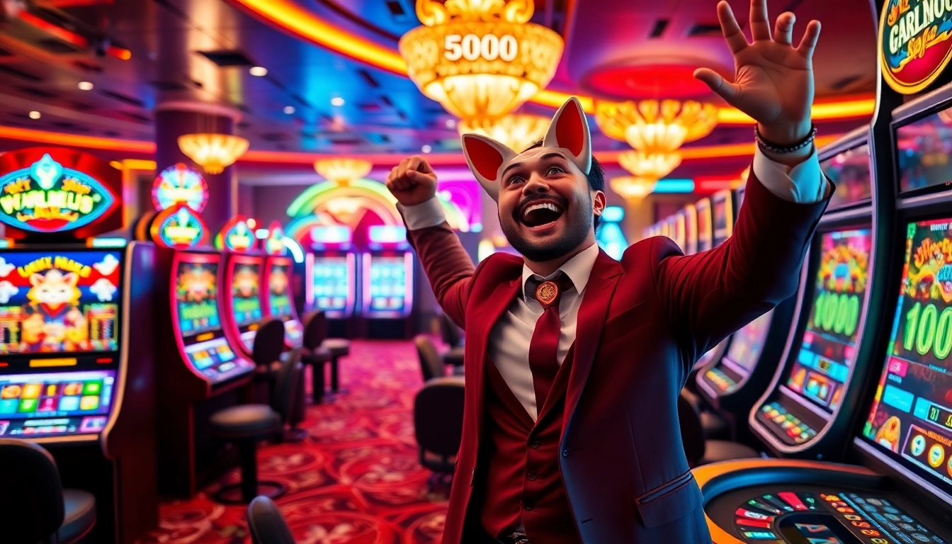 Celebrating a win on Lucky Neko PG Soft เกมได้เงินจริง slot machine at a luxurious casino.