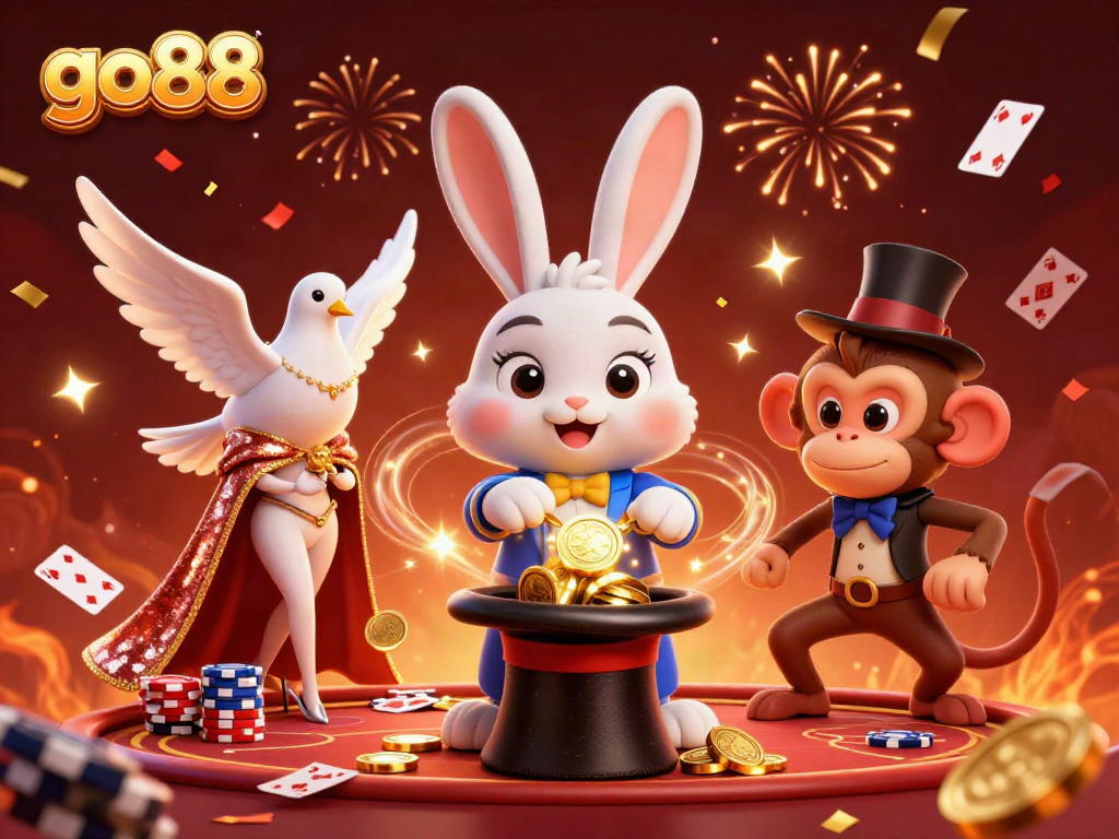 Join the fun at go88 with a dazzling casino scene featuring a magician rabbit and more!