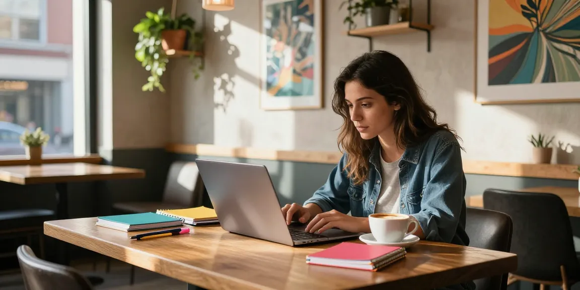 Woman in cafe curating NSFW content with laptop and coffee