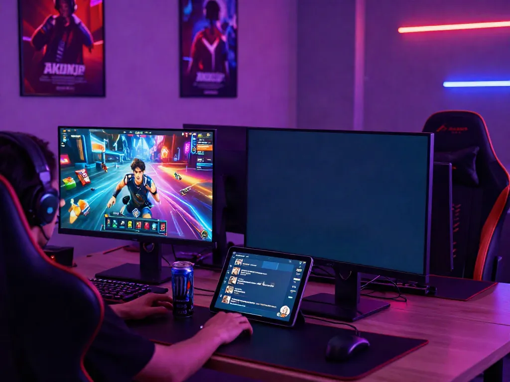 Intense gaming session focused on akunjp with vibrant displays and snacks.