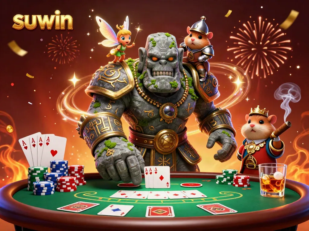 Engage in exciting poker action with suwin, featuring a magical scene of a golem, fairy, and hamster knight.