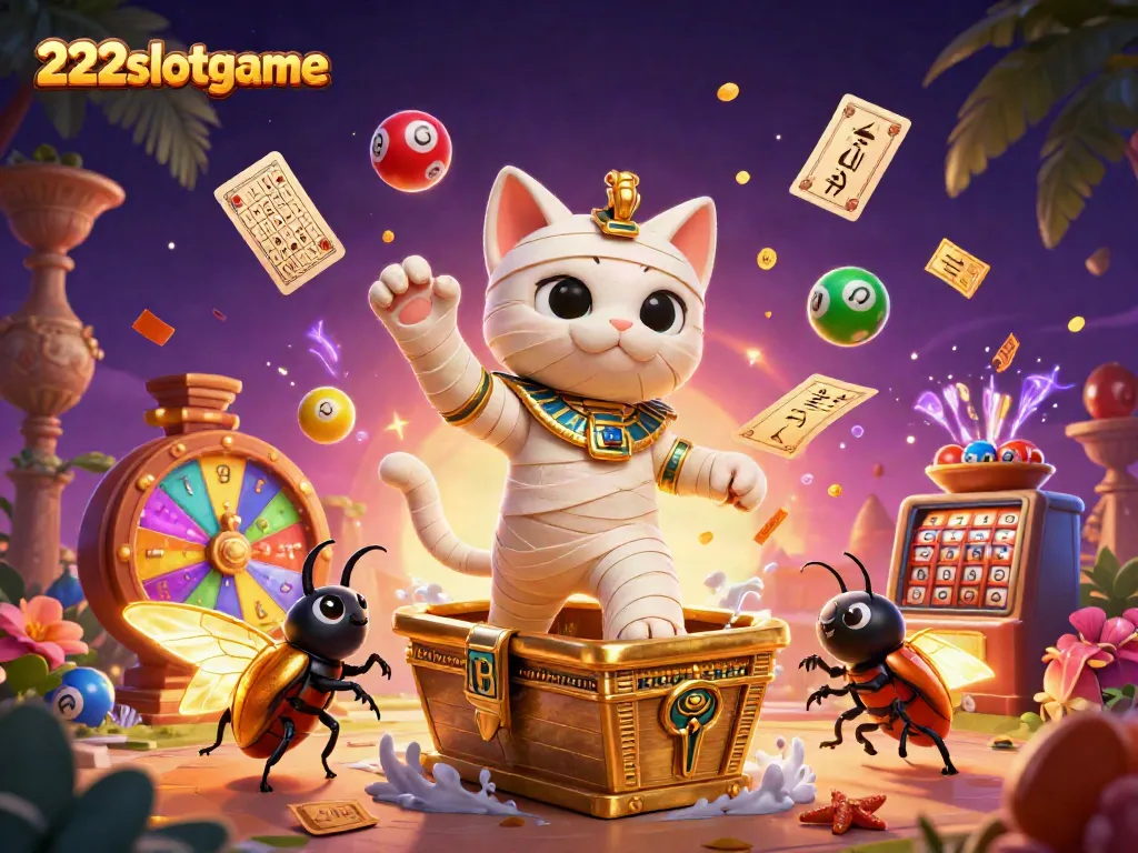 Permainan menarik di 222slotgame dengan kucing mumi dan tiket keberuntungan berkilauan.