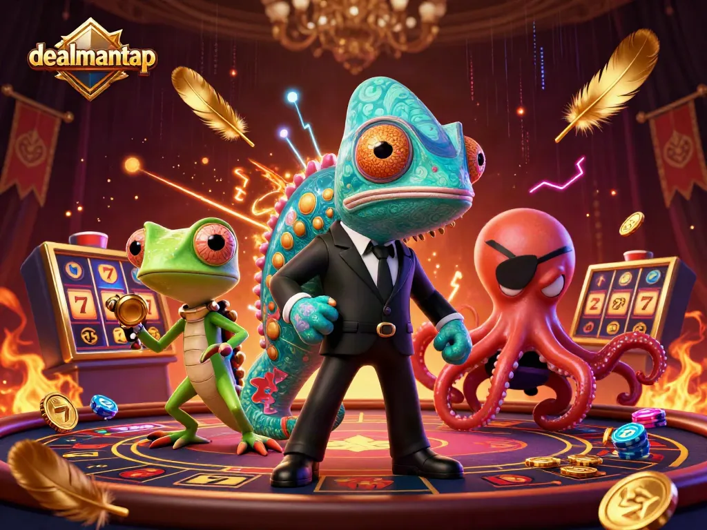 Spin the reels at dealmantap with a colorful casino scene filled with vibrant characters and gambling elements.