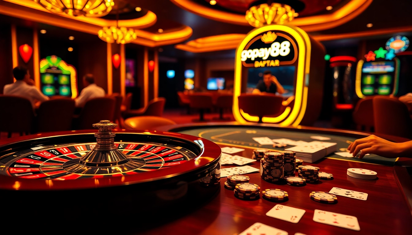 Experience the thrill of Gopay88 Daftar at an upscale casino with poker chips and roulette excitement.