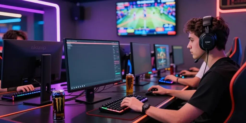 Player engaging with akunjp platform in vibrant online casino setting, showcasing gaming gear and esports excitement.