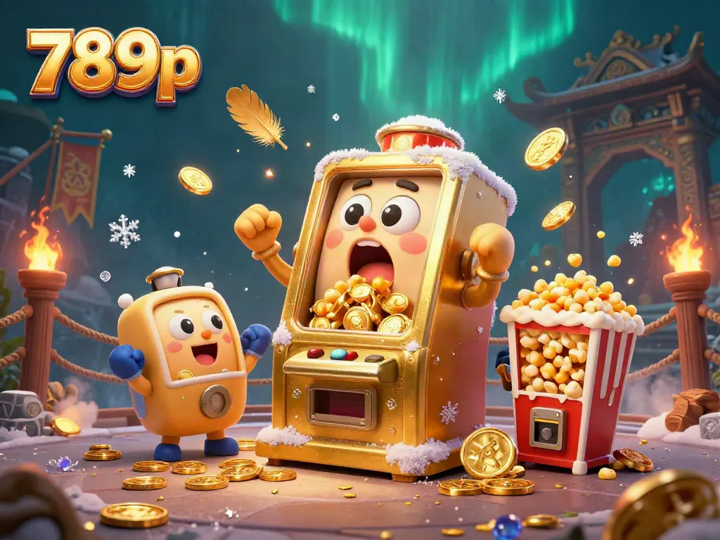 Experience the excitement of 789p with a golden slot machine celebrating a jackpot as smaller machines cheer.