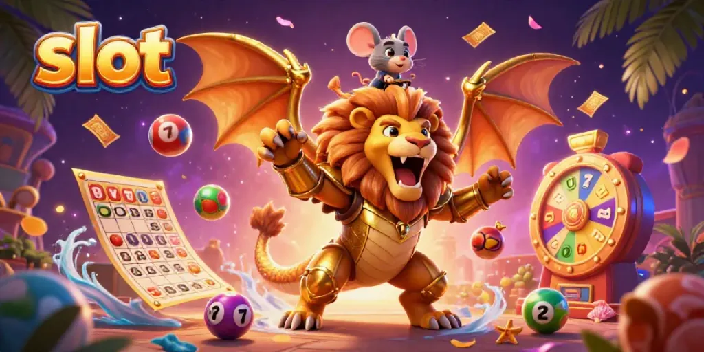 Menggunakan slot untuk kemenangan di kasino dengan ilustrasi 3D penuh warna dan detail.