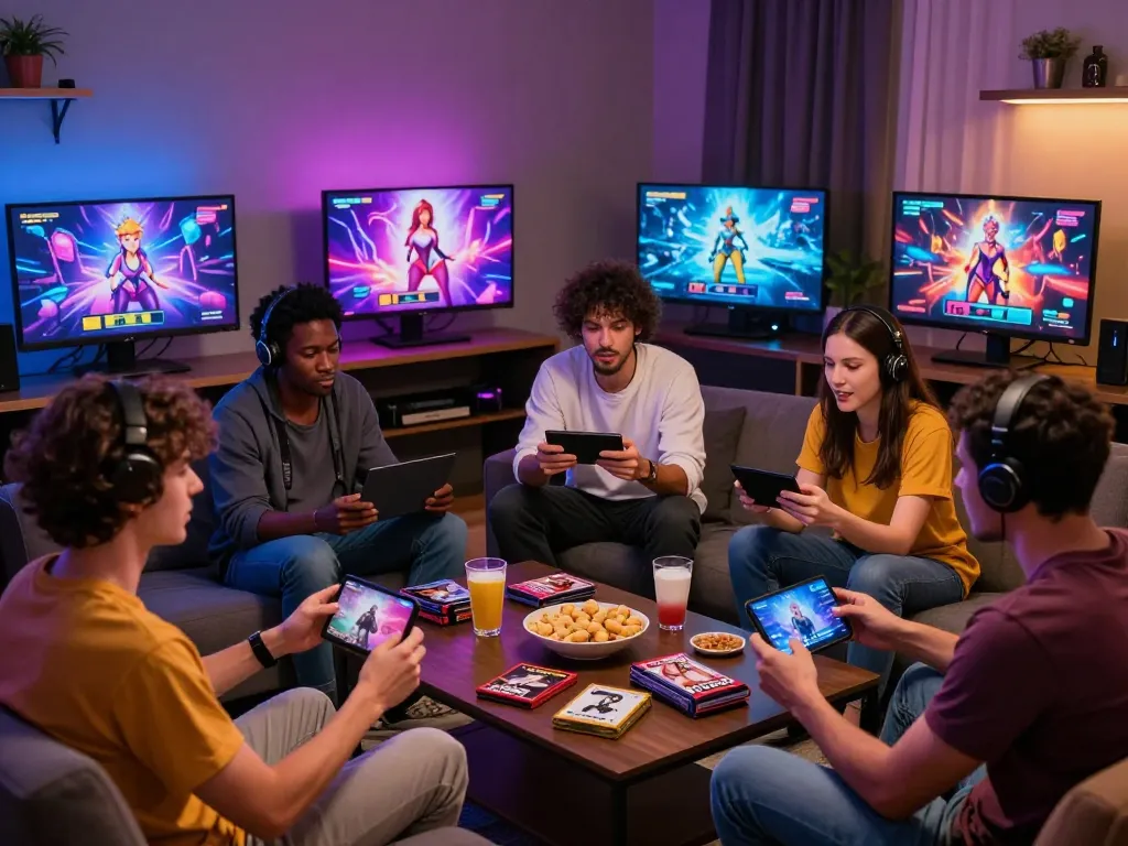 Diverse group enjoying porngame titles in a cozy gaming lounge.