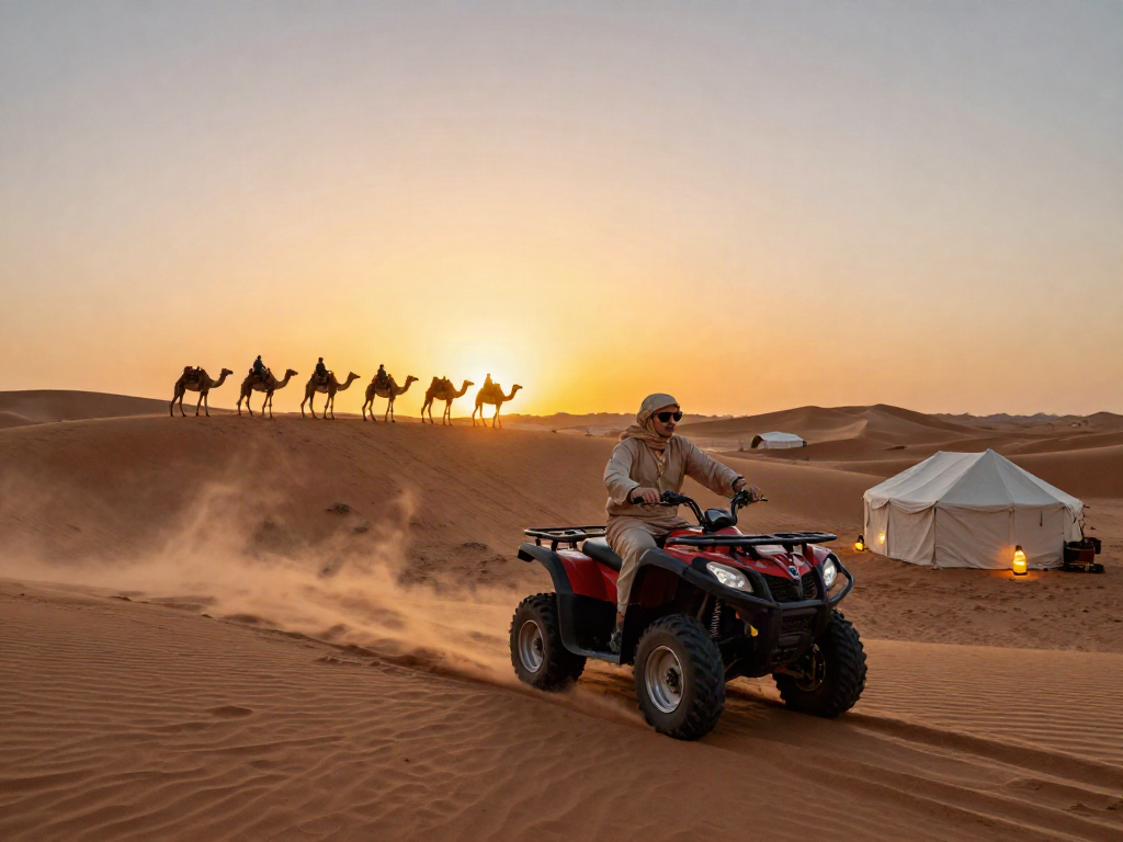 Tourist enjoying a slot in the desert safari on a quad bike at sunset