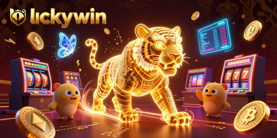 Experience the excitement of luckywin with a golden tiger amidst slot machines and cryptocurrency elements.