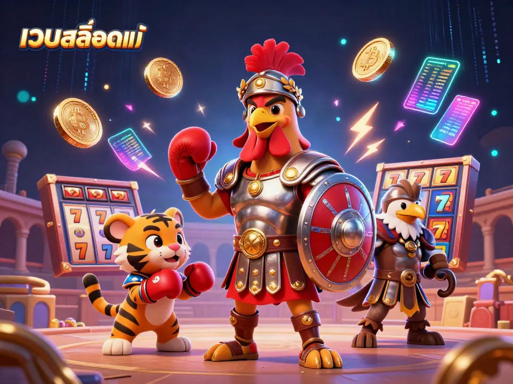 Engage with เว็บสล็อตแท้ in an electrifying showdown featuring a cartoon gladiator rooster, slot elements, and vibrant crypto coins.