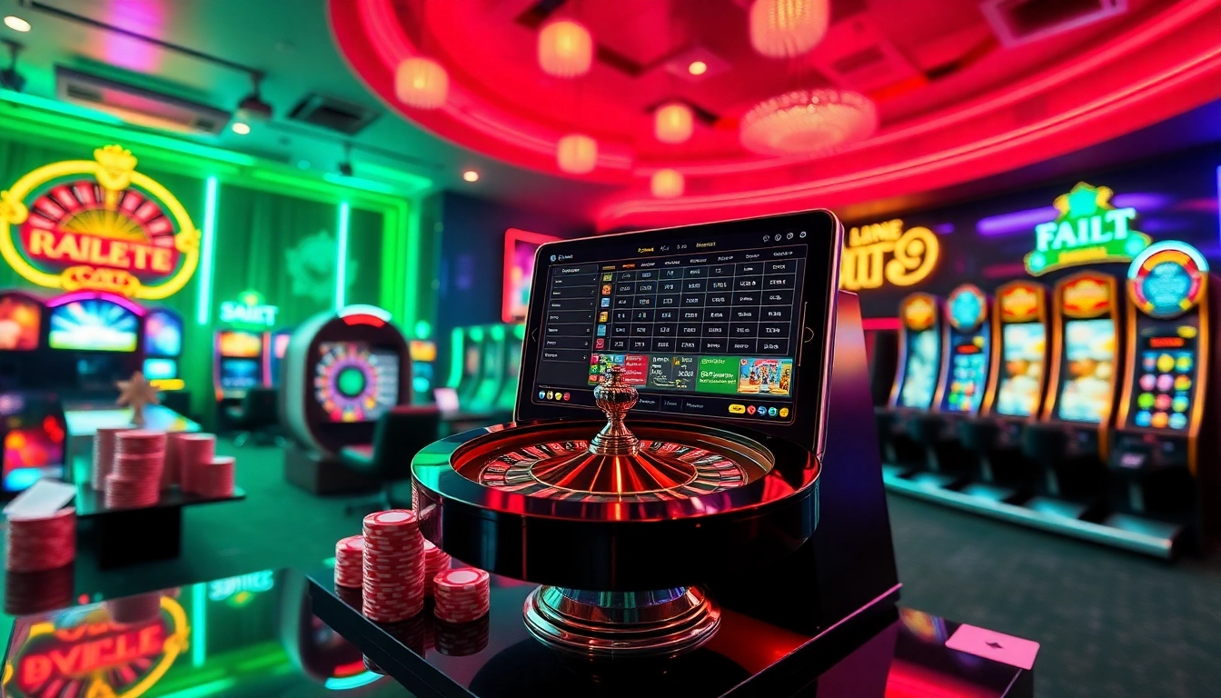 Experience sbobet login indonesia with vibrant online gambling visuals showcasing roulette, slots, and blackjack tables.