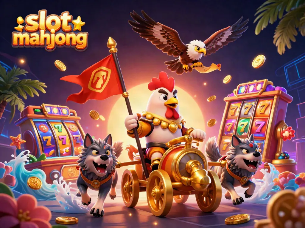 Experience the excitement of slot mahjong as a rooster warlord command a golden chariot amidst golden jackpot symbols.