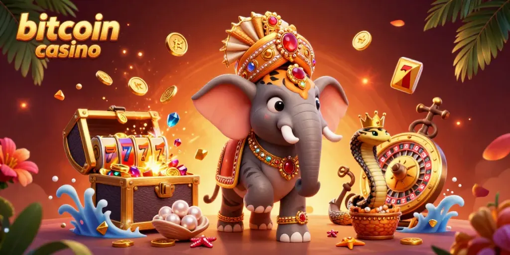 Experience the excitement of a bitcoin casino with a vibrant 3D scene featuring a maharaja tiger, elephant, and thrilling gaming elements.