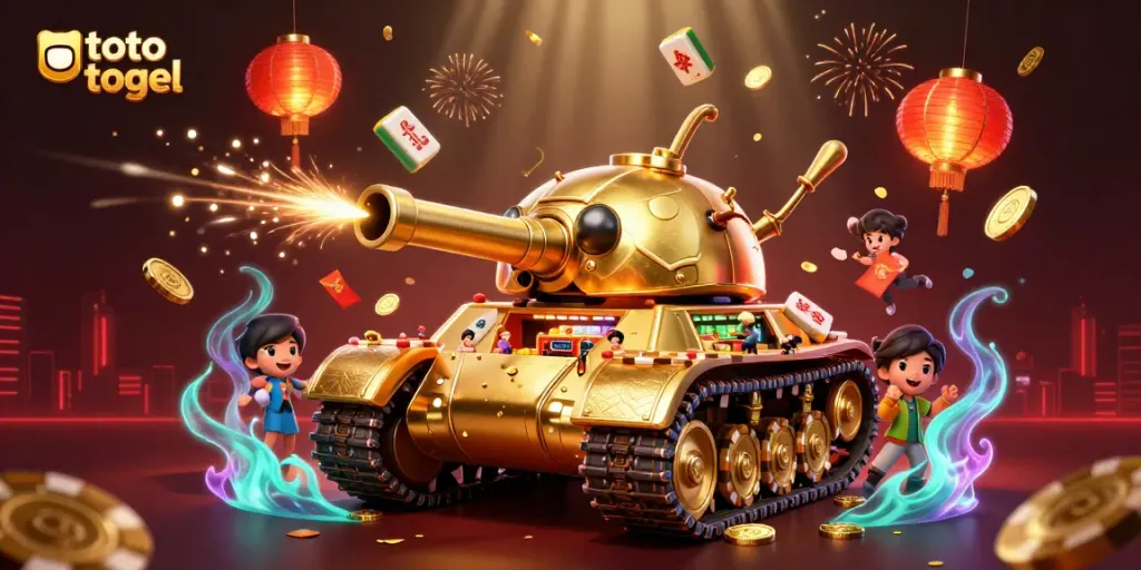 Experience the excitement of toto togel with a playful and vibrant casino scene featuring a golden beetle tank and lucky elements.