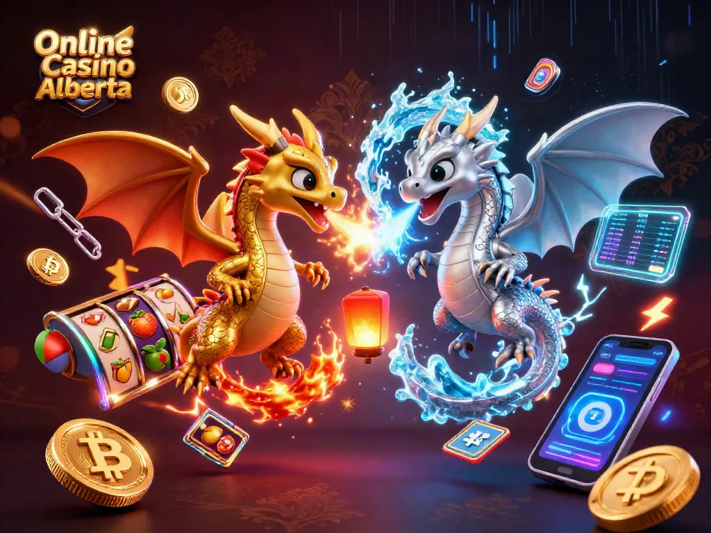 Experience the thrill of Online Casino Alberta with dragons symbolizing fire and ice amidst vibrant gaming elements.
